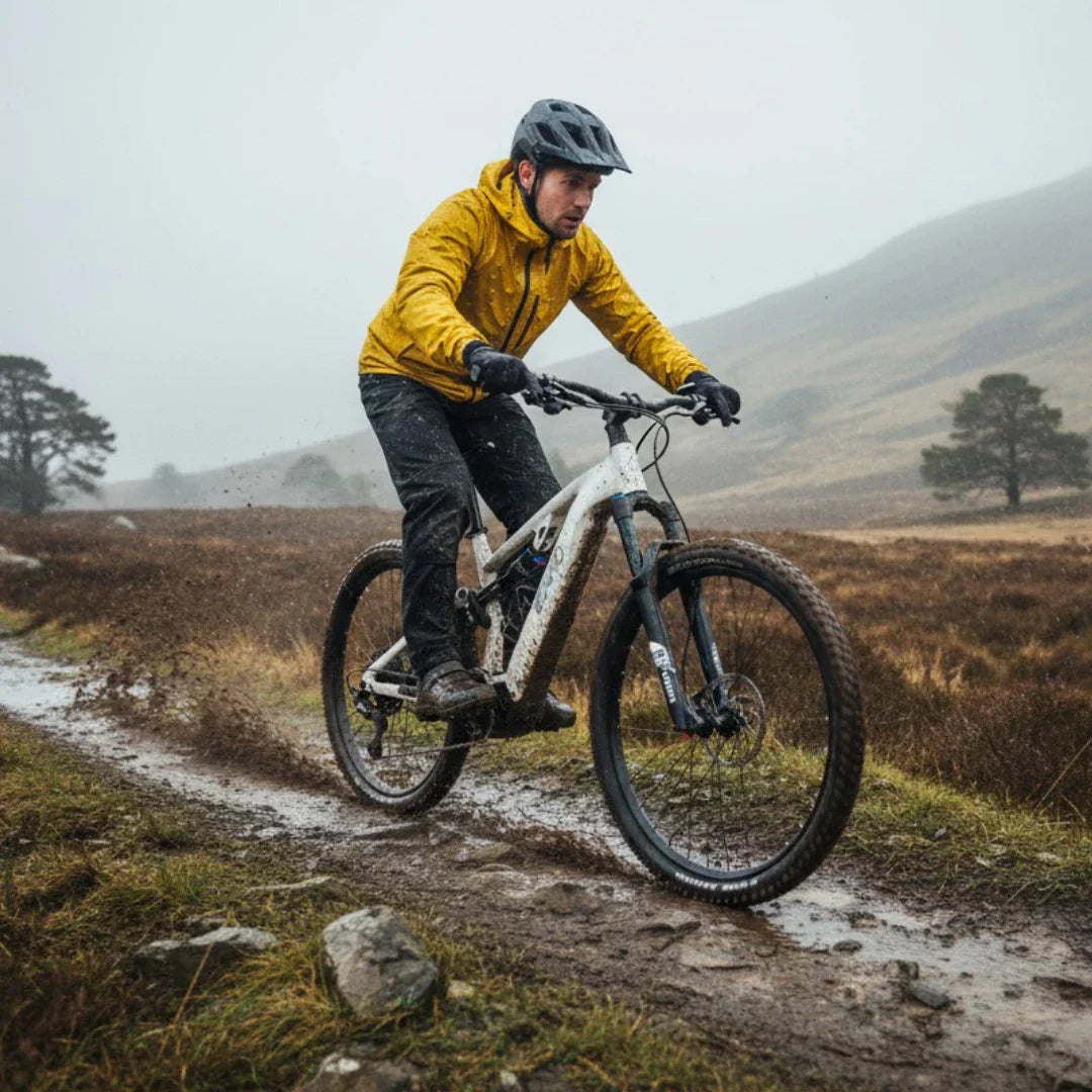 Electric bicycle ECONO Pantera C8 140 – rider on muddy trail, rainy weather