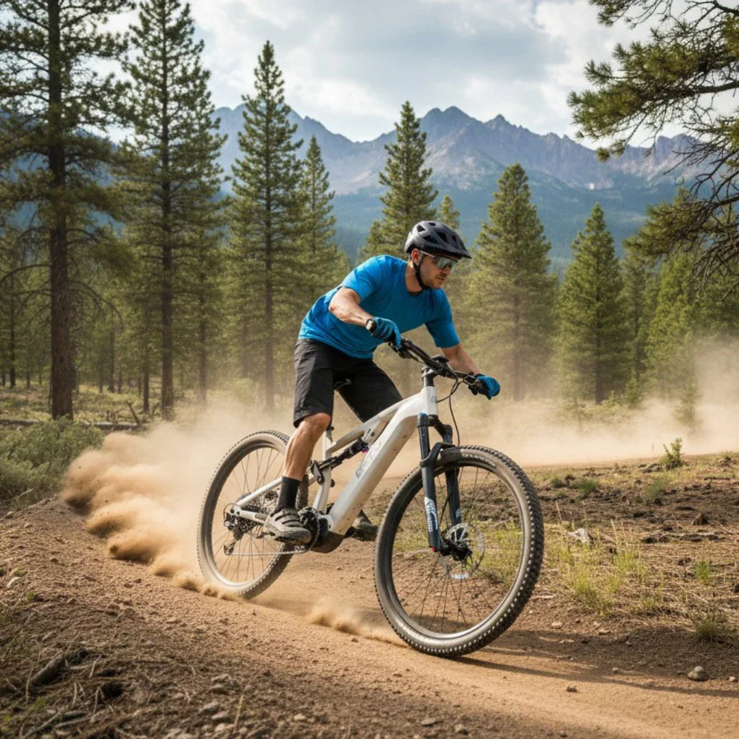 Electric bicycle ECONO Pantera C8 140 – rider on dirt trail, kicking up dust