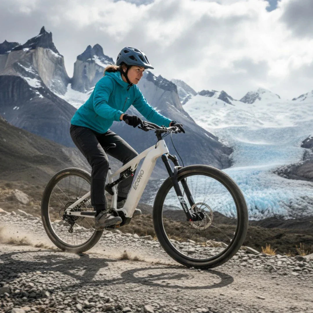 Electric bicycle ECONO Pantera C9 160 – rider on gravel path, glacier background