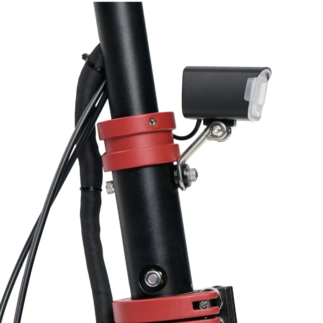 Electric Scooter Eco Speed 10x features a sleek black frame, red accents, and a compact headlamp attachment.