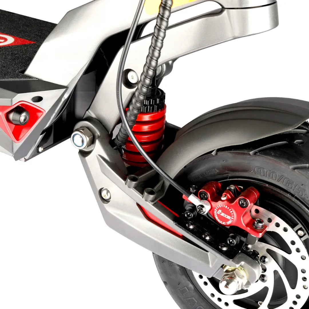 Electric Scooter Eco Speed 20x features a robust frame with red suspension, hydraulic brake, and durable tires.