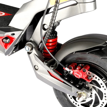 Electric Scooter Eco Speed 20x features a robust frame with red suspension, hydraulic brake, and durable tires.