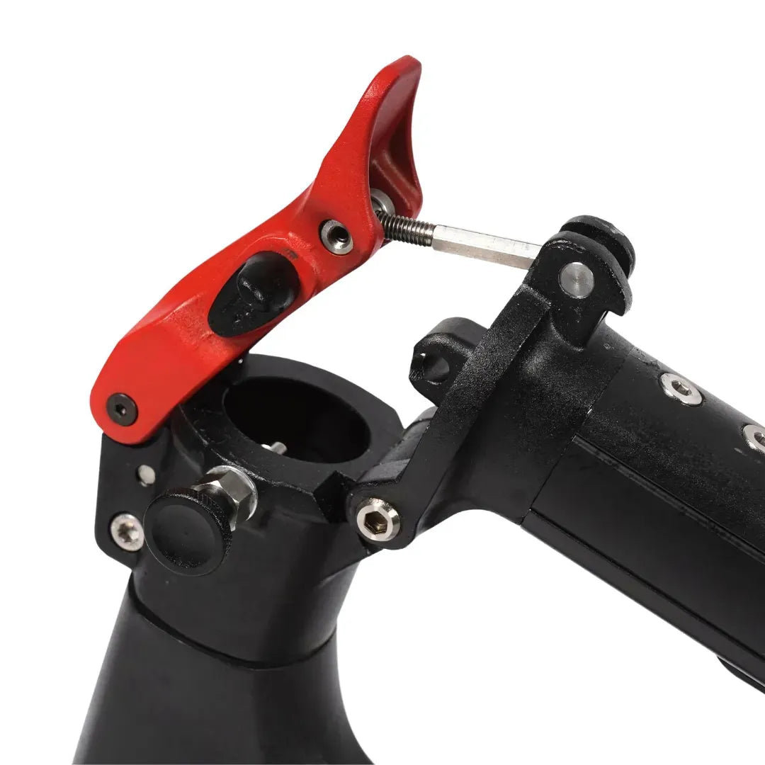 Electric Scooter Eco Speed 9 features a close-up of a sturdy locking mechanism with a red lever for enhanced safety.