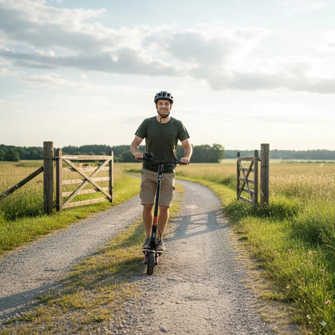 Electric scooter ECO Speed 9X – man riding on rural path