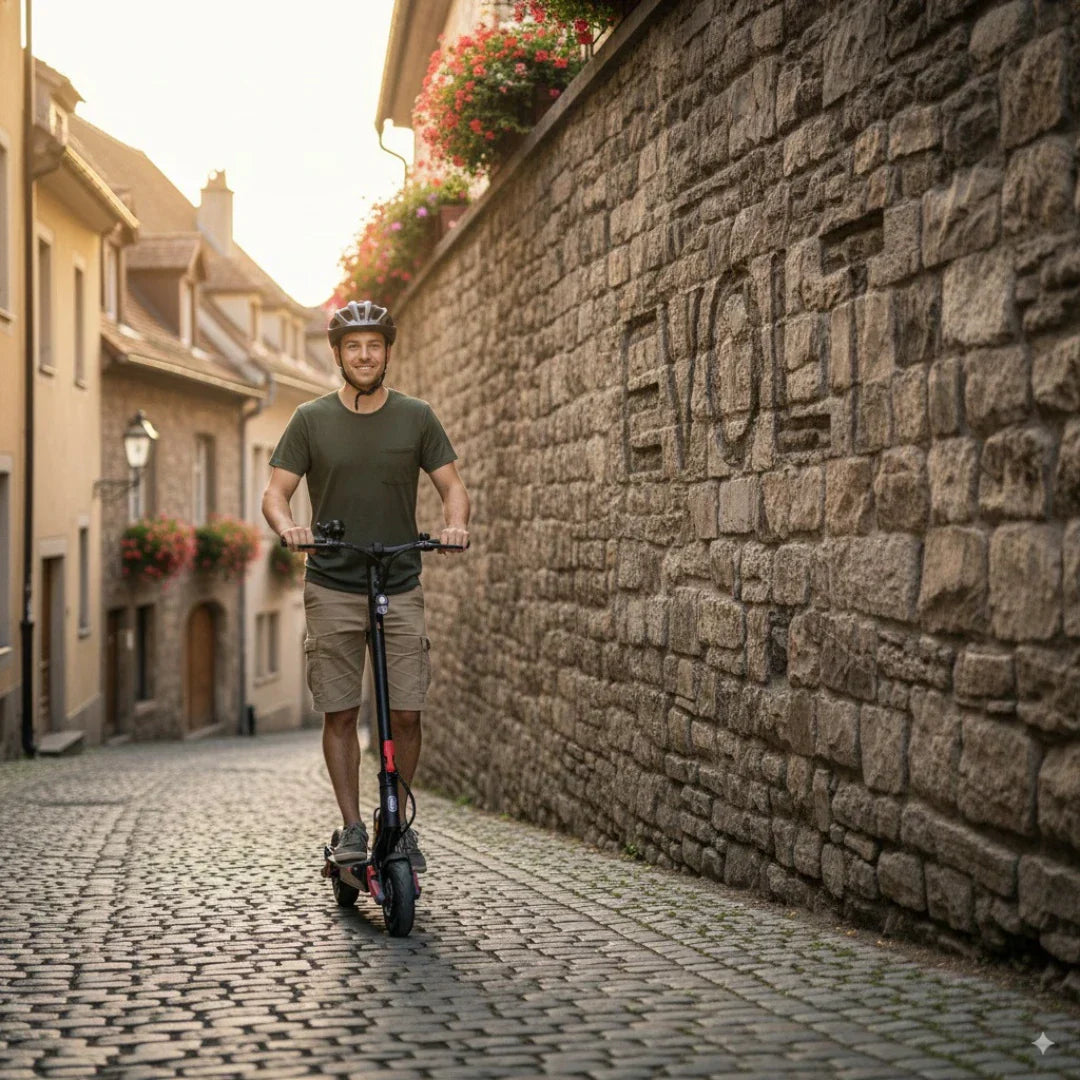 Electric scooter ECO Speed 9X – man riding on cobblestone street