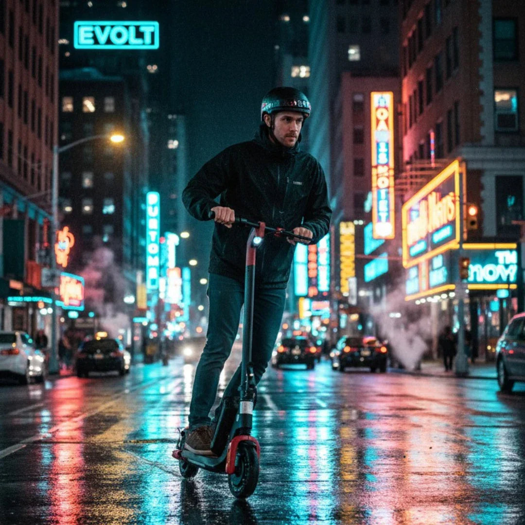 Electric scooter ECO Speed MINI – person riding at night cityscape
