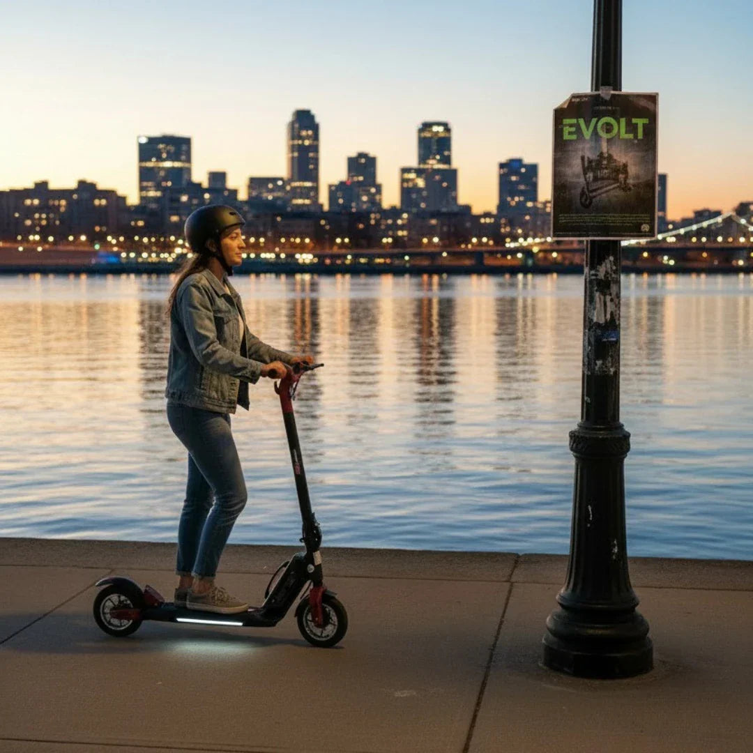 Electric scooter ECO Speed MINI – person riding at dusk cityscape