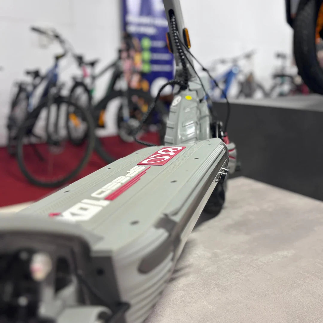 Electric Scooter Eco Speed 10x V2 features a sleek grey design with a wide footboard for stability.