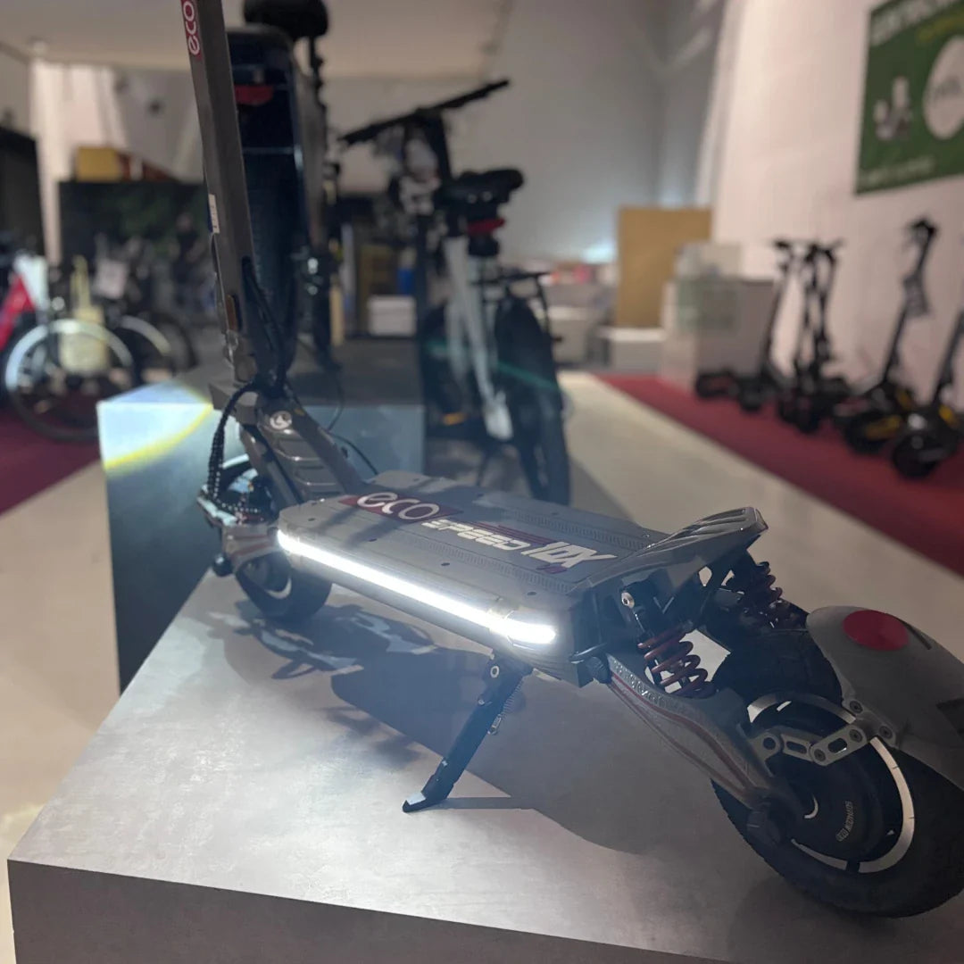 Electric Scooter Eco Speed 10x V2 features a sleek design, LED lights, and advanced suspension for smooth rides.