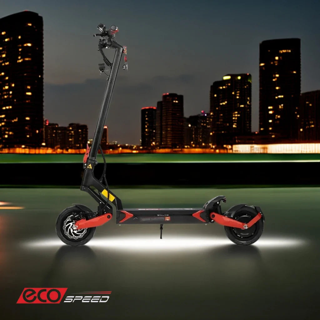 Electric Scooter Eco Speed 9x features a sleek design with bright red accents and LED lighting, perfect for urban commutes.