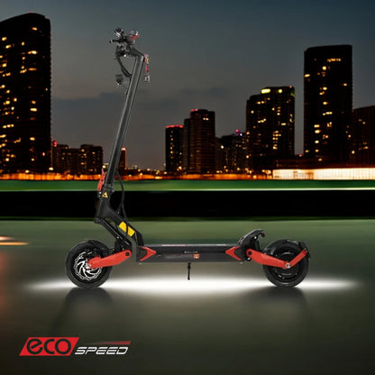 Electric Scooter Eco Speed 9x features a sleek design with bright red accents and LED lighting, perfect for urban commutes.
