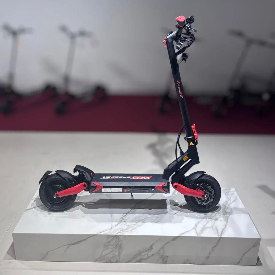 Electric Scooter Eco Speed 9x features a sleek design, sturdy frame, large tires, and stylish red accents.
