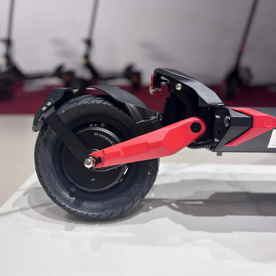 Electric scooter ECO Speed 9X – rear wheel and suspension close-up