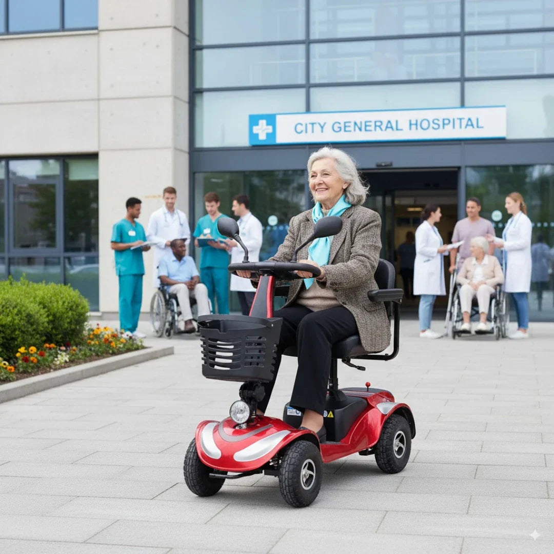 ECO Speed Senior – woman on scooter outside hospital