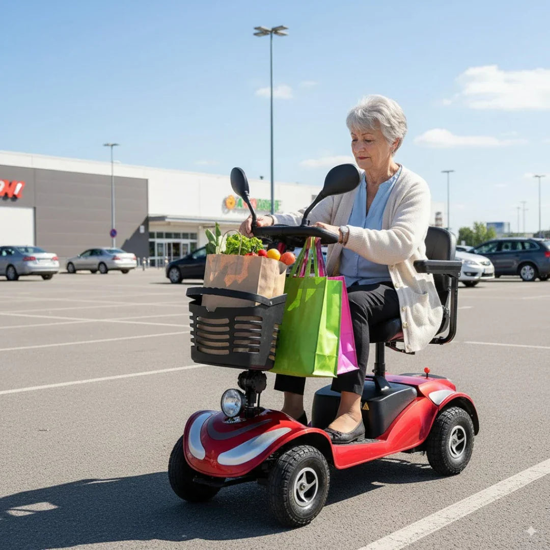 ECO Speed Senior – woman on scooter with groceries in parking lot