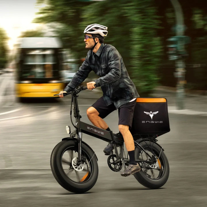 Electric Bike Engwe Ep 2 Pro features a sleek black design, wide tires, and a rear cargo bag for convenience.
