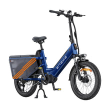 Electric Bike Engwe Le20 features a compact design, blue frame, front suspension, and a cargo box.