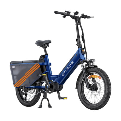 Electric Bike Engwe Le20 features a compact design, blue frame, front suspension, and a cargo box.