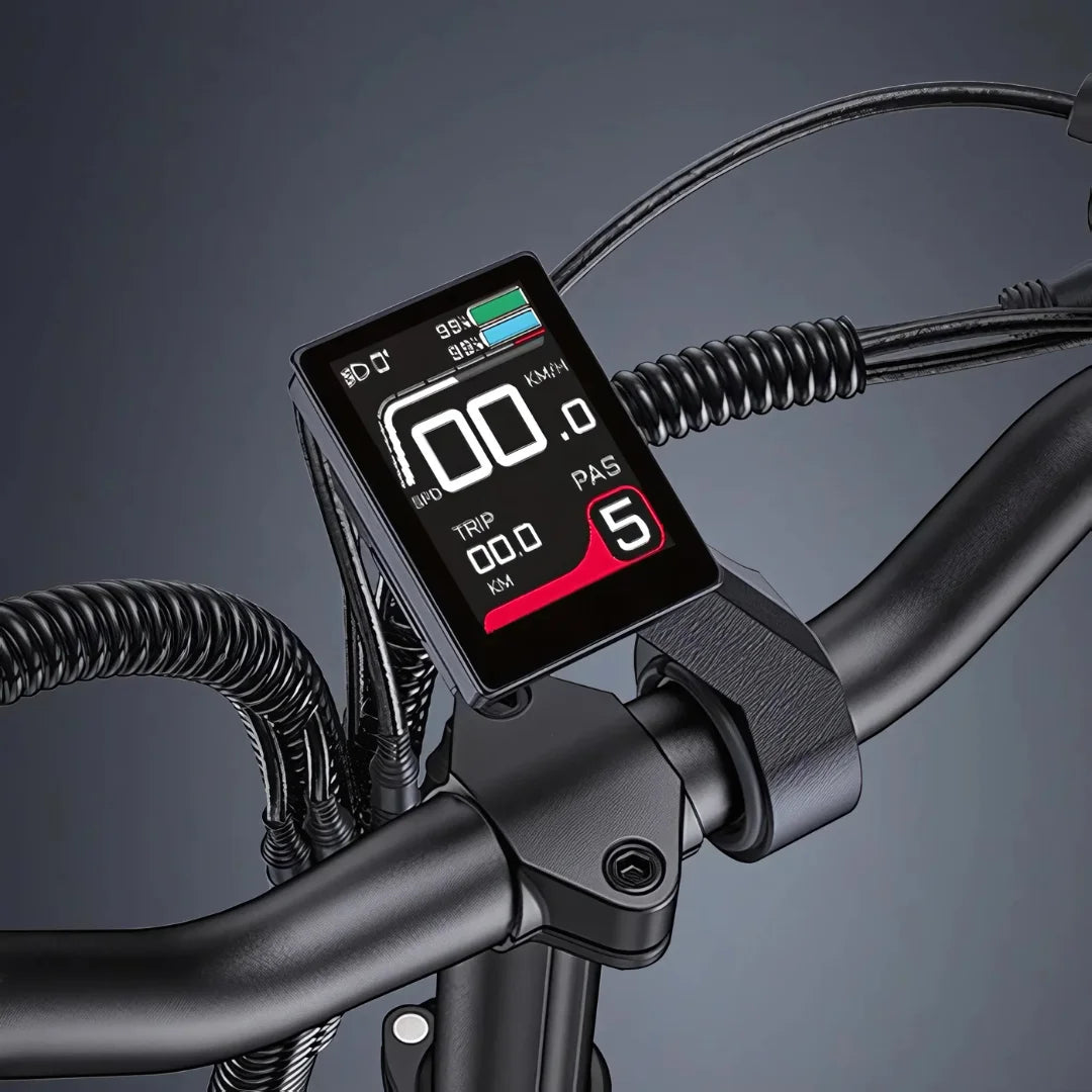 Electric Bike Engwe Le20 features a sleek digital display on the handlebar, showing speed and trip details.
