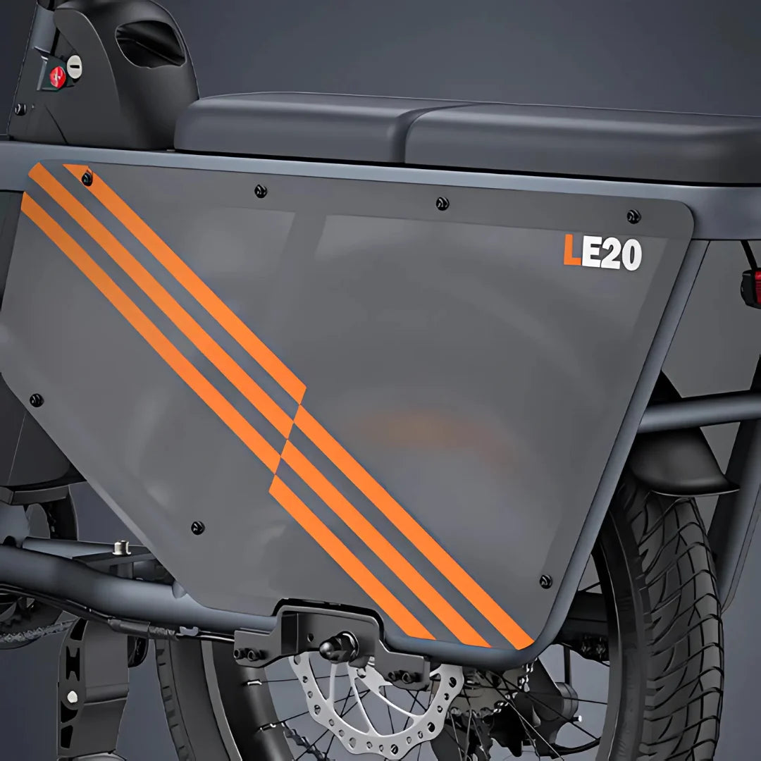 Electric Bike Engwe Le20 features a sleek gray design with striking orange stripes, combining style and functionality.