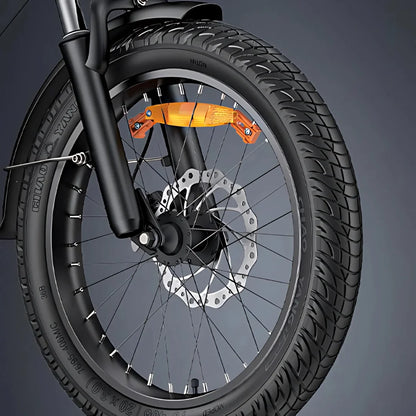 Electric Bike Engwe Le20 features a robust front wheel with a durable tire, disc brake, and stylish design.
