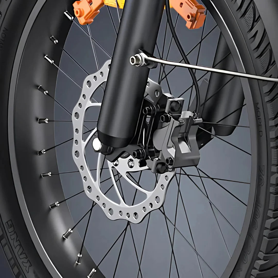 Electric Bike Engwe Le20 features a close-up view of its front wheel, showcasing a sturdy disc brake, spokes, and tire.