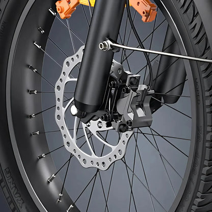 Electric Bike Engwe Le20 features a close-up view of its front wheel, showcasing a sturdy disc brake, spokes, and tire.