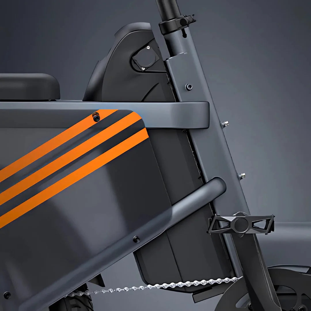 Electric Bike Engwe Le20 features a sleek design with contemporary orange stripes, showcasing the battery compartment.