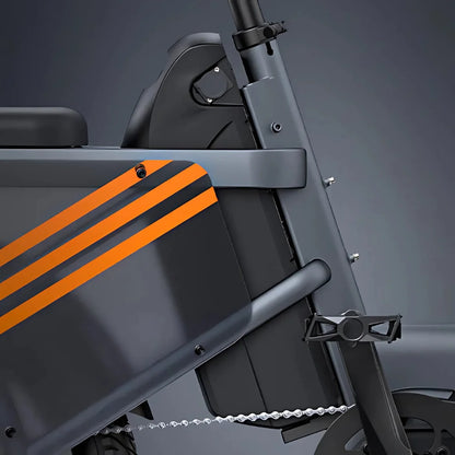 Electric Bike Engwe Le20 features a sleek design with contemporary orange stripes, showcasing the battery compartment.