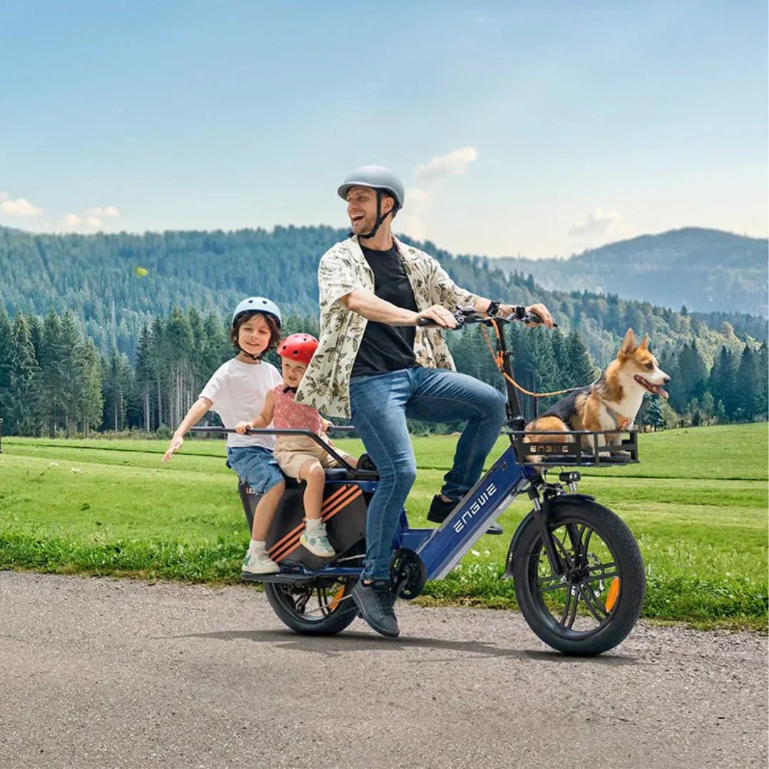 Electric Bike Engwe Le20 features a blue frame, accommodating two kids and a dog, perfect for family rides.
