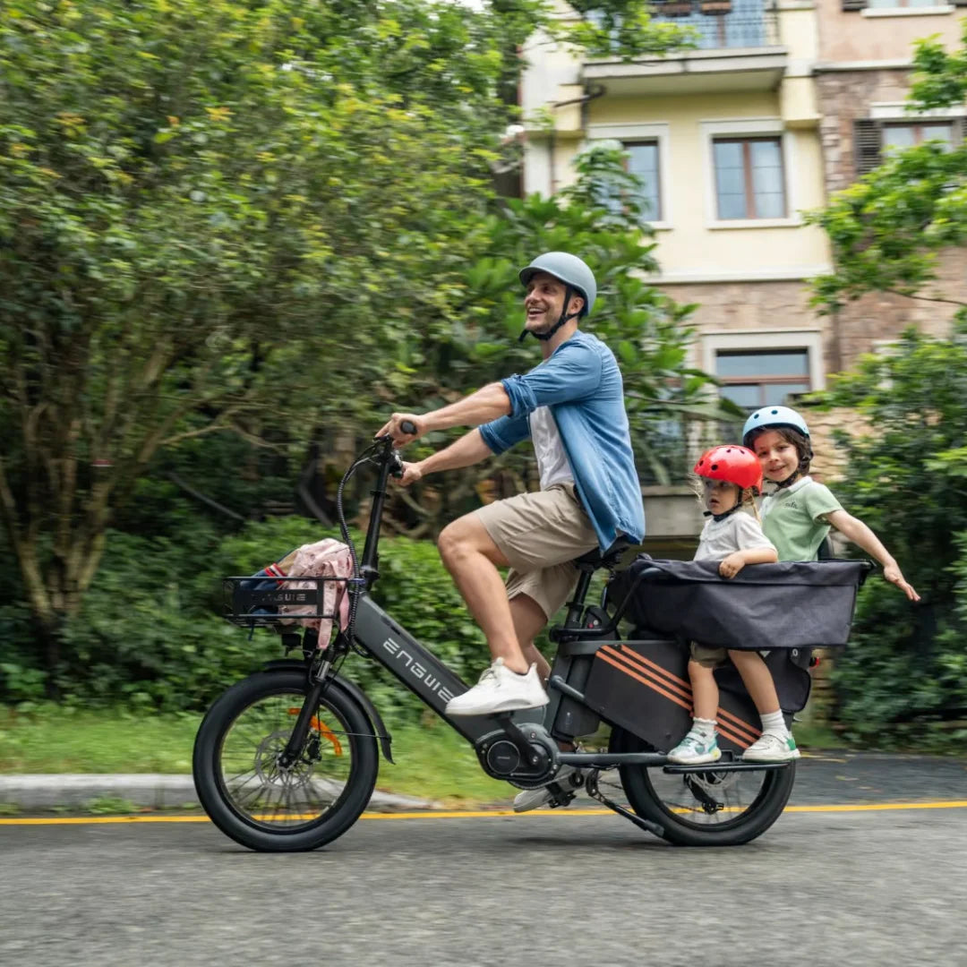 Electric Bike Engwe Le20 features a modern design, ideal for family rides with two kids comfortably seated.