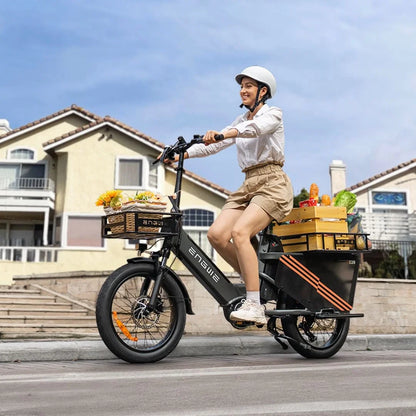 Electric Bike Engwe Le20 features a sleek design, carrying groceries in front and rear baskets, ideal for errands.