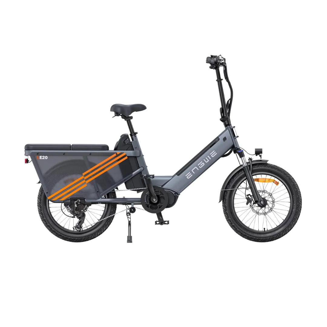 Electric Bike Engwe Le20 features a sleek gray frame, orange accents, and a sturdy cargo box, ideal for urban rides.