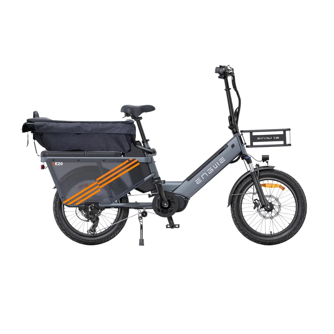 Electric bicycle Engwe LE20 – side view with front basket and rear bag