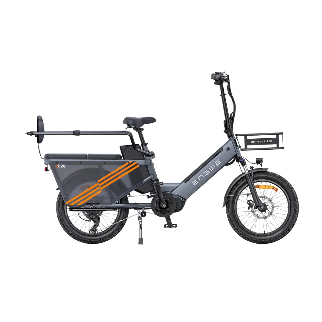 Electric bicycle Engwe LE20 – side view with front basket and child seat