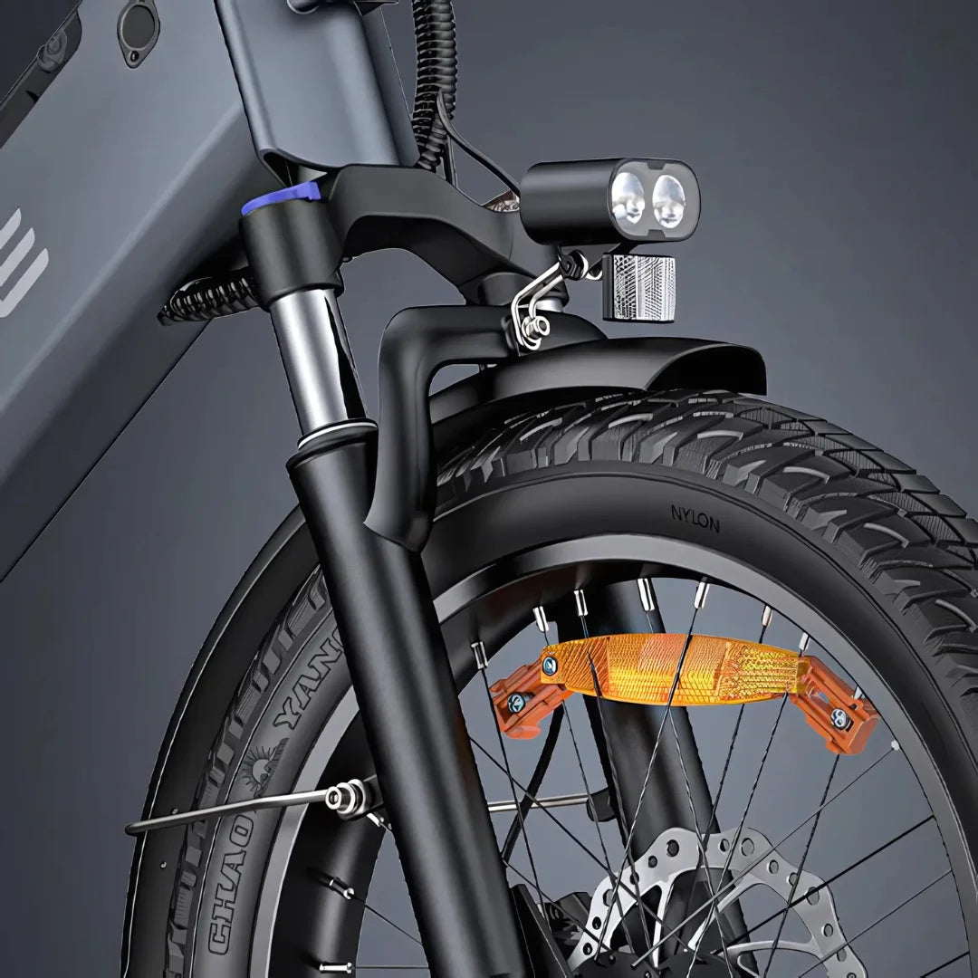 Electric Bike Engwe Le20 features a robust front fork, integrated headlight, and durable tire designed for performance.