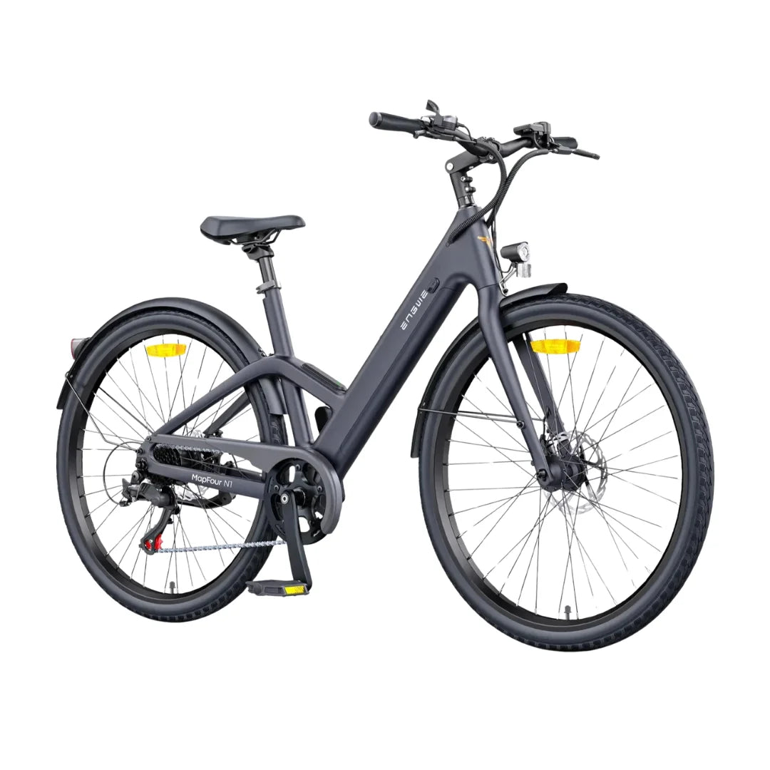 A sleek and modern electric bike named "electric-bike-engwe-mapfour-n1-air" is displayed at an angle, showcasing its lightweight frame and minimalist design. The bike features a matte black finish with a step-through design for easy mounting and dismounting. It has front suspension forks, disc brakes, and wide tires suitable for various terrains. The handlebars are equipped with controls for the electric features, and the bike has a comfortable seat. This product is available at eVolt.