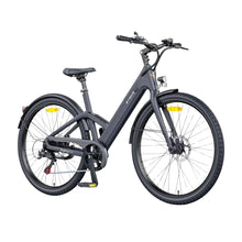 A sleek and modern electric bike named "electric-bike-engwe-mapfour-n1-air" is displayed at an angle, showcasing its lightweight frame and minimalist design. The bike features a matte black finish with a step-through design for easy mounting and dismounting. It has front suspension forks, disc brakes, and wide tires suitable for various terrains. The handlebars are equipped with controls for the electric features, and the bike has a comfortable seat. This product is available at eVolt.