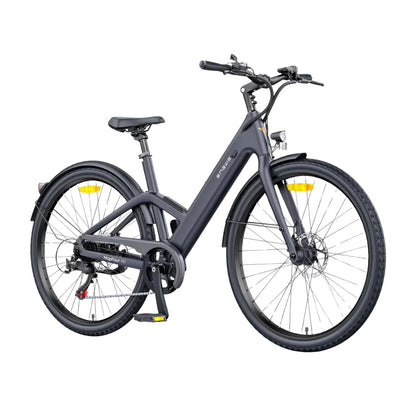 A sleek and modern electric bike named "electric-bike-engwe-mapfour-n1-air" is displayed at an angle, showcasing its lightweight frame and minimalist design. The bike features a matte black finish with a step-through design for easy mounting and dismounting. It has front suspension forks, disc brakes, and wide tires suitable for various terrains. The handlebars are equipped with controls for the electric features, and the bike has a comfortable seat. This product is available at eVolt.