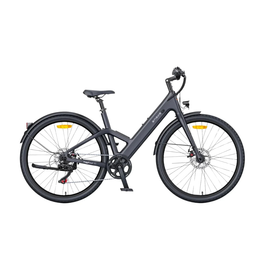 A stylish and modern electric bike, the "electric-bike-engwe-mapfour-n1-air," is displayed against a white background. The bike features a sleek, dark frame, a comfortable seat, and wide tires. It includes a front fork with a suspension system and has disc brakes for enhanced safety. This model is designed for urban commuting and leisurely rides. Available at eVolt.eu.