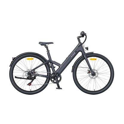 A stylish and modern electric bike, the "electric-bike-engwe-mapfour-n1-air," is displayed against a white background. The bike features a sleek, dark frame, a comfortable seat, and wide tires. It includes a front fork with a suspension system and has disc brakes for enhanced safety. This model is designed for urban commuting and leisurely rides. Available at eVolt.eu.