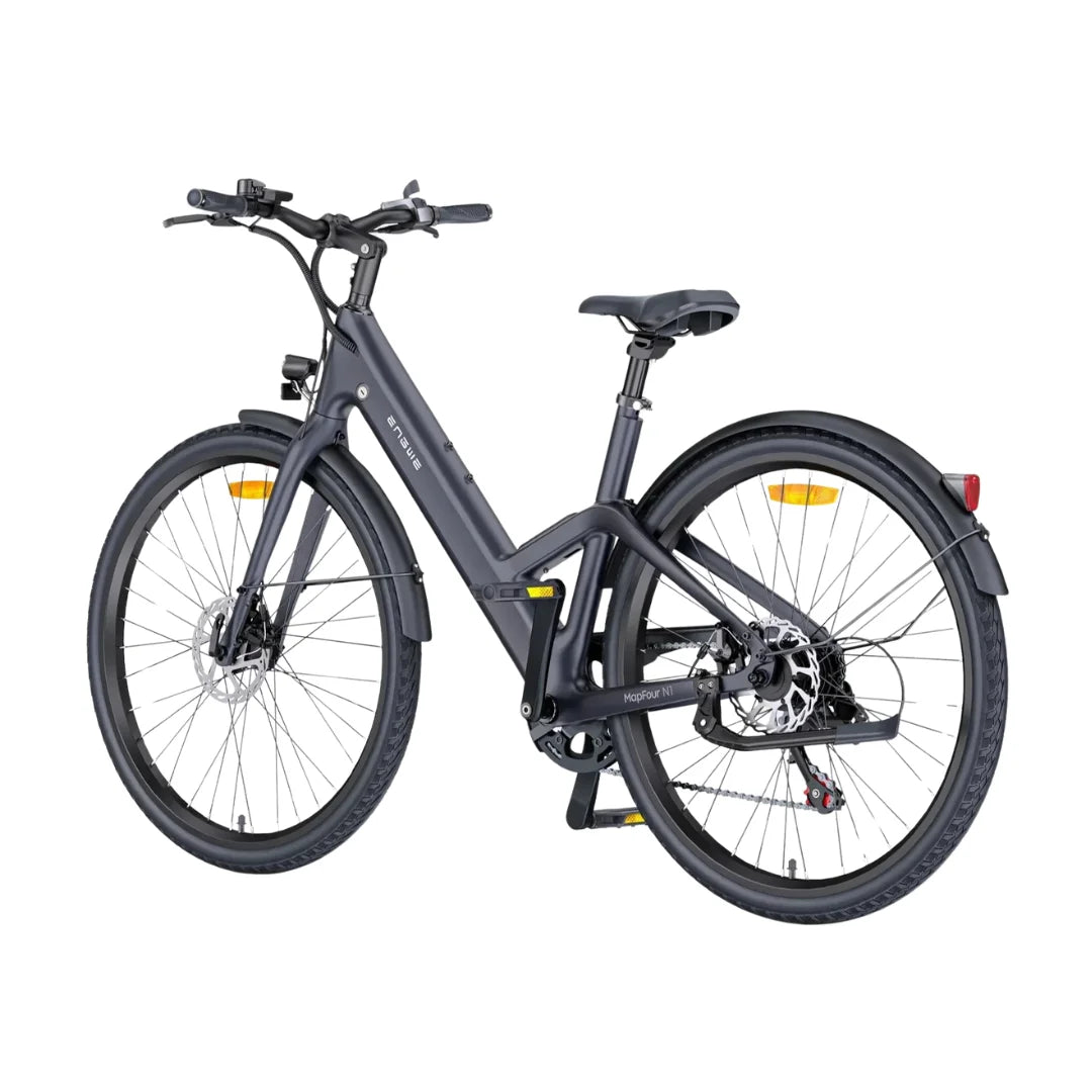 A sleek, modern electric bike named "electric-bike-engwe-mapfour-n1-air" is displayed against a plain background. It features a lightweight frame with a matte gray finish, a step-through design for easy mounting, and a comfortable seat. The bike is equipped with thick tires designed for stability and performance, disc brakes for effective stopping power, and reflective accents for safety. The handlebars are ergonomic, with controls readily accessible for the rider. This product is available at eVolt.eu.