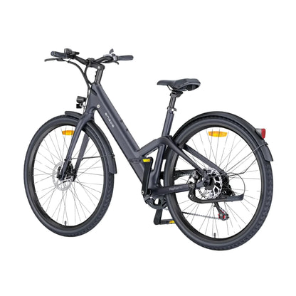 A sleek, modern electric bike named "electric-bike-engwe-mapfour-n1-air" is displayed against a plain background. It features a lightweight frame with a matte gray finish, a step-through design for easy mounting, and a comfortable seat. The bike is equipped with thick tires designed for stability and performance, disc brakes for effective stopping power, and reflective accents for safety. The handlebars are ergonomic, with controls readily accessible for the rider. This product is available at eVolt.eu.
