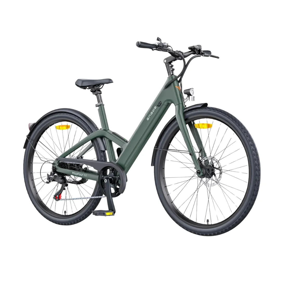 "Electric bike model 'electric-bike-engwe-mapfour-n1-air' in a modern design featuring a sleek, matte green frame. The bike has a low-step frame for easy mounting, a comfortable saddle, and ergonomic handlebars. It showcases durable wheels with enhanced grip suitable for various terrains. The bike is positioned against a neutral background. Available for purchase at eVolt.eu."