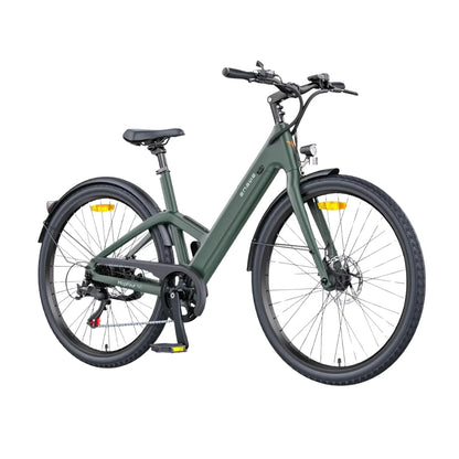 "Electric bike model 'electric-bike-engwe-mapfour-n1-air' in a modern design featuring a sleek, matte green frame. The bike has a low-step frame for easy mounting, a comfortable saddle, and ergonomic handlebars. It showcases durable wheels with enhanced grip suitable for various terrains. The bike is positioned against a neutral background. Available for purchase at eVolt.eu."