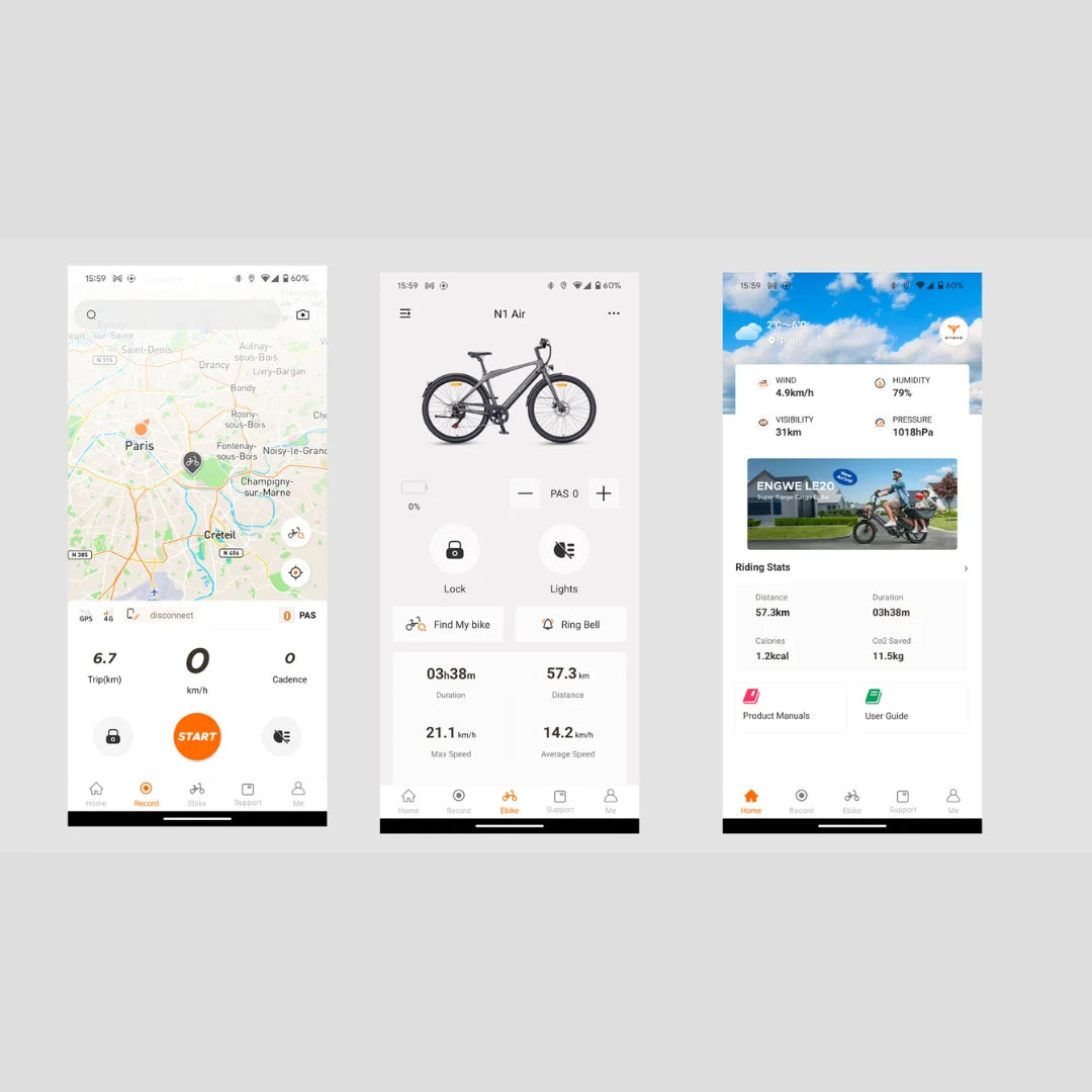 Electric Bike Engwe Mapfour N1 Air, mobile app interface displays stats, bike features, and location map.