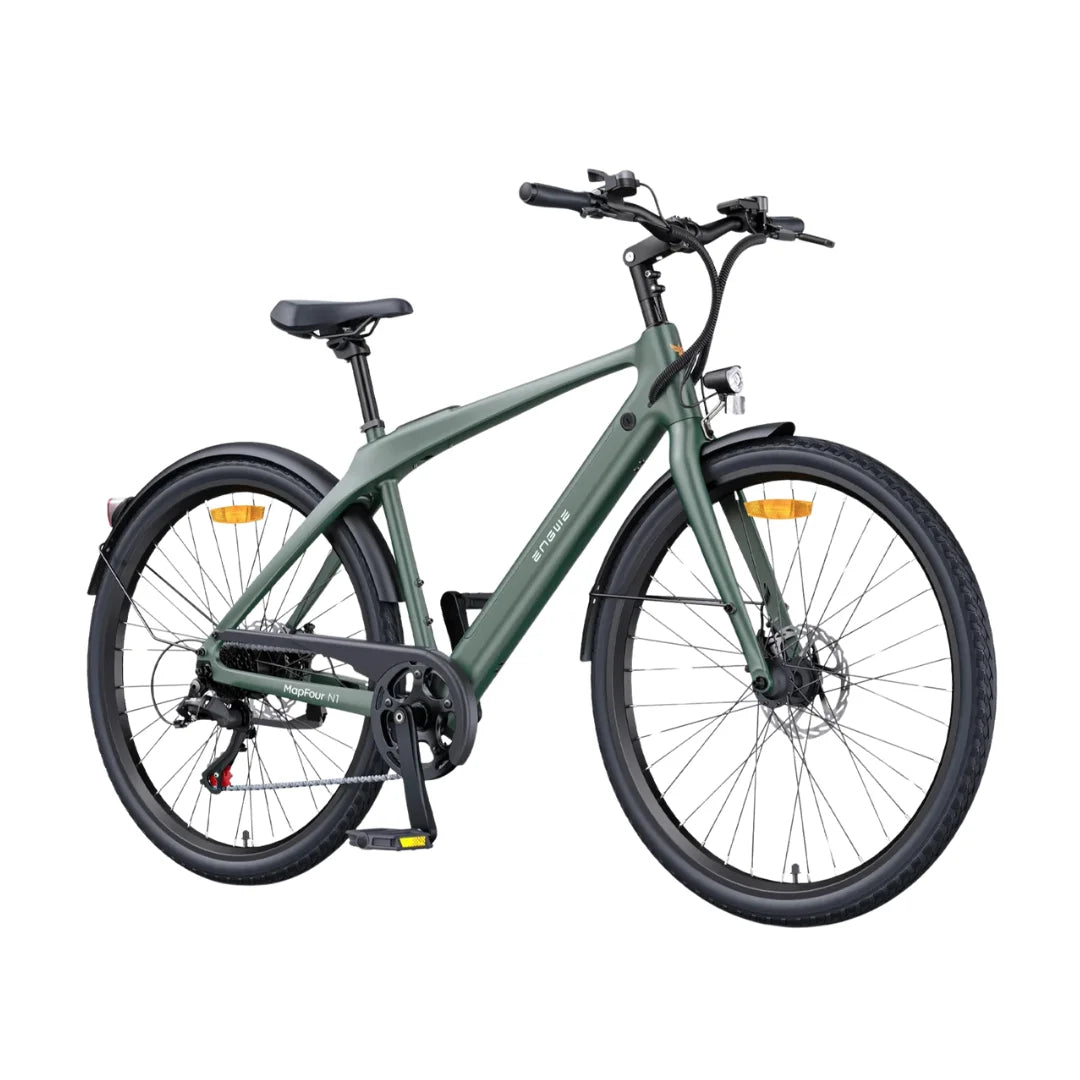 Electric bicycle Engwe MapFour N1 AIR – front three-quarter view, dark green straight frame