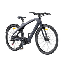 A sleek, modern electric bike named "electric-bike-engwe-mapfour-n1-pro" is displayed. It features a matte black frame, a comfortable saddle, and high-performance wheels with disc brakes. The bike has a minimalist design, with no visible cables on the frame, contributing to its streamlined appearance. The front wheel displays a yellow reflector, enhancing visibility. This product is available at eVolt webshop.