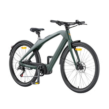 A sleek, modern electric bike, the "electric-bike-engwe-mapfour-n1-pro," is shown in a stylish dark green color. The bike features a streamlined frame with minimalistic design, a comfortable seat, and sturdy alloy wheels equipped with thick tires for enhanced stability. The handlebars are positioned for an ergonomic riding experience, and the bike is accessorized with yellow reflectors for safety. This cutting-edge e-bike is available for purchase at eVolt.eu.