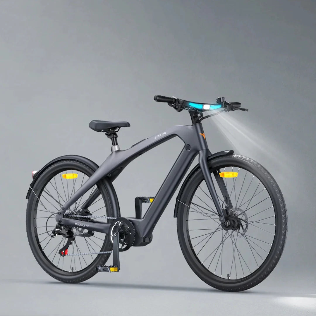 Electric bicycle Engwe MapFour N1 PRO – front three-quarter view, headlight on